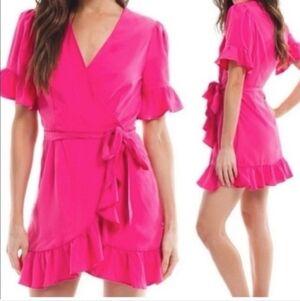 Line & Dot Cherie Wrap Mini Tencel Dress in Fuschia